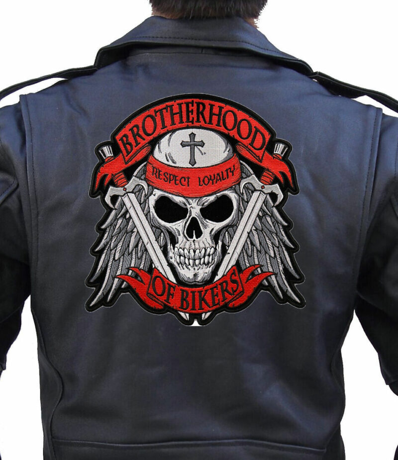 Large Orange Brotherhood Of Bikers Skull Cross Embroidered Biker Patch - Image 2