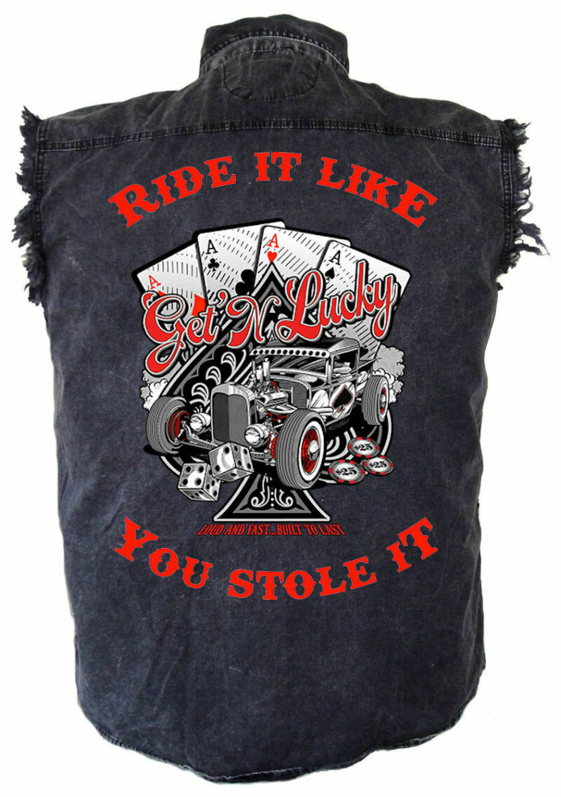 Get N Lucky Playing Cards Acid Washed Denim Biker Shirt Mens Ride It like stole