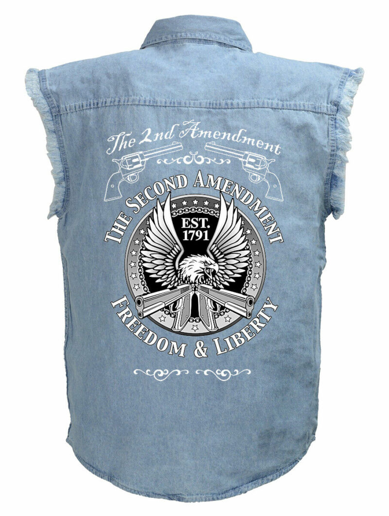 Mens Second Amendment Eagle Guns Blue Denim Sleeveless Cutoff Biker Shirt
