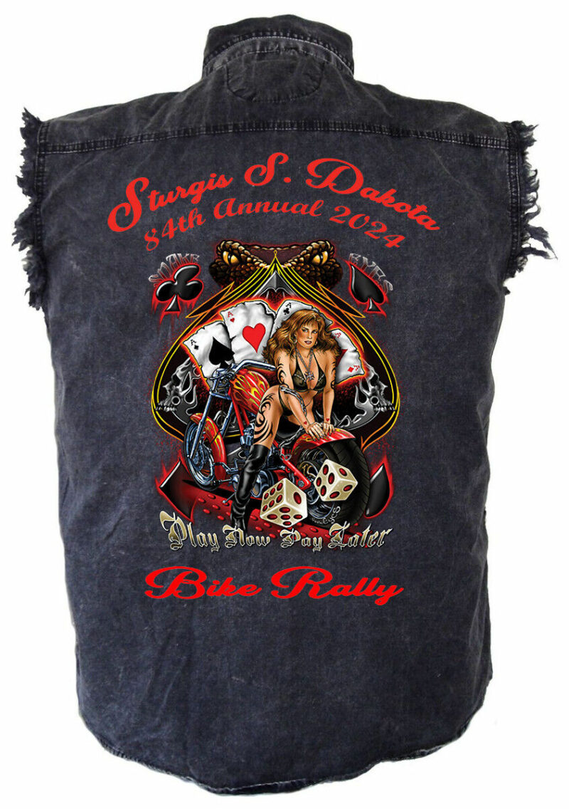 Mens 2024 Sturgis Bike Rally Hot Snake Eyes Motorcycle Babe Charcoal Denim Shirt