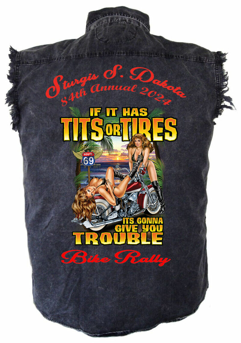 Mens 2024 Sturgis Bike Rally Hot Motorcycle Babes Charcoal Denim Shirt