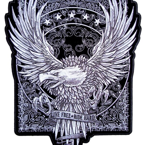 Large Live Free Ride Hard Silver American Bald Eagle Biker Patch