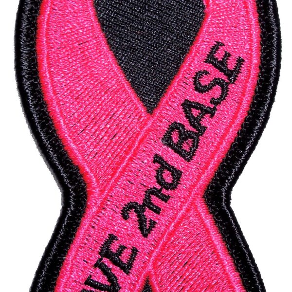 Save 2nd Base Breast Cancer Ribbon Embroidered Biker Patch