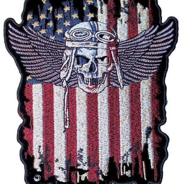 Patriotic American Flag Fighter Pilot Skull With Wings Biker Patch