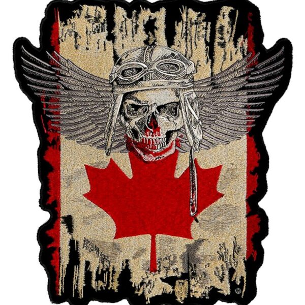 Patriotic Canadian Flag Fighter Pilot Skull With Wings Biker Patch