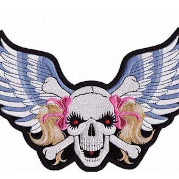 Blue Wings Red Eyed Skull Lady Rider Embroidered Biker Patch