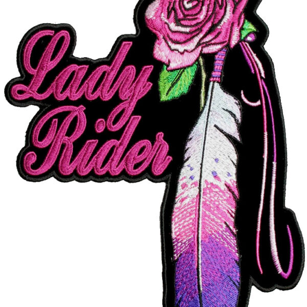 Lady Rider Pink Rose, Feathers Embroidered Biker Patch