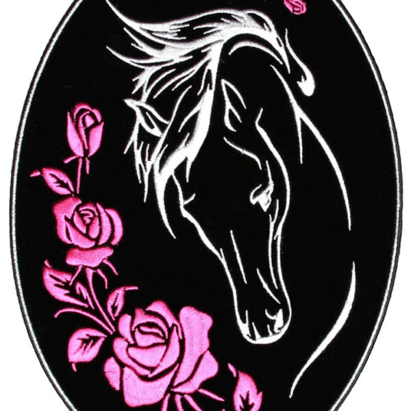 Lady Rider Pink Roses, Horse Head Embroidered Biker Patch