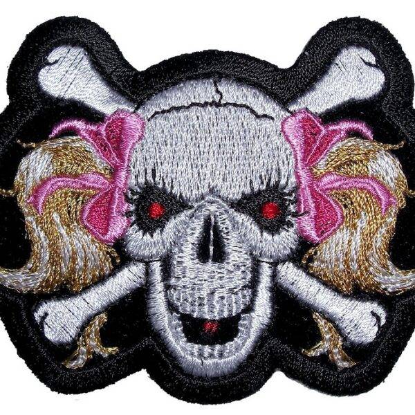 Pink Ribbon Ponytail Skull Lady Rider Embroidered Biker Patch