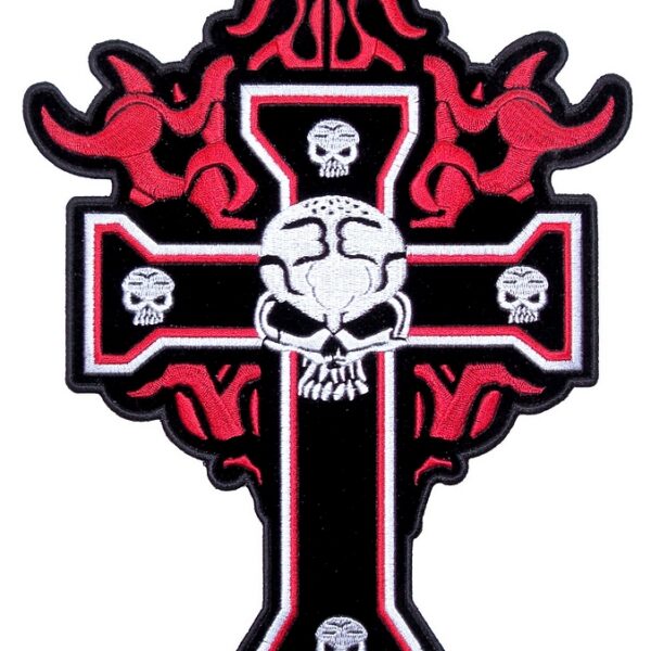 Flaming Black Cross With Skulls Embroidered Biker Patch