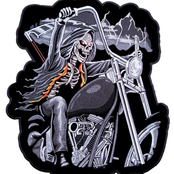 Grim Reaper Riding Motorcycle Embroidered Biker Patch