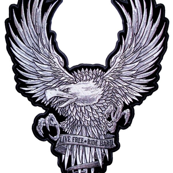 Live Free Ride Hard Silver American Bald Eagle Embroidered Biker Patch