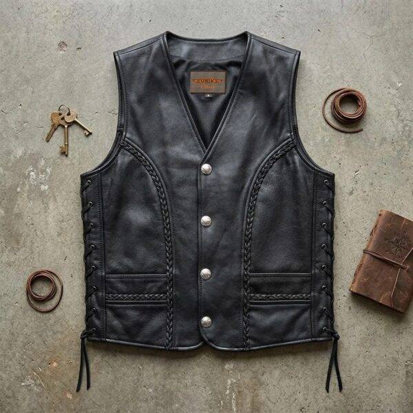 Wrangler Western Style Biker Leather Men's Vest with Braid Detail