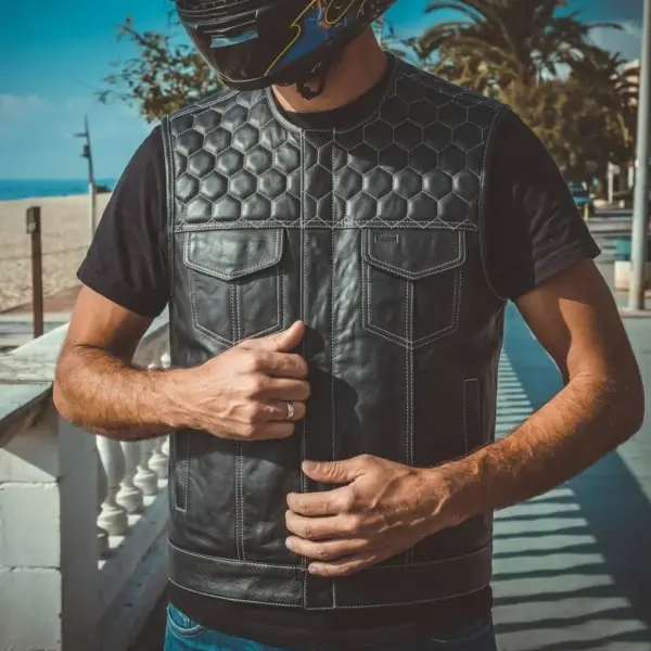 Overdrive Men's Leather Biker Vest White Honeycomb Stitch with Hand warmer Pockets