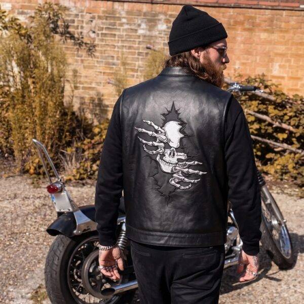 Cowhide Leather Men's Leather Vest with Biker Skull Patch Wildcrest