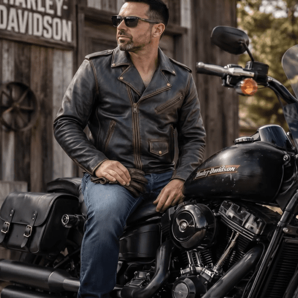 Men's Leather Jacket with Distressed Brown Finish and Concealed Cary