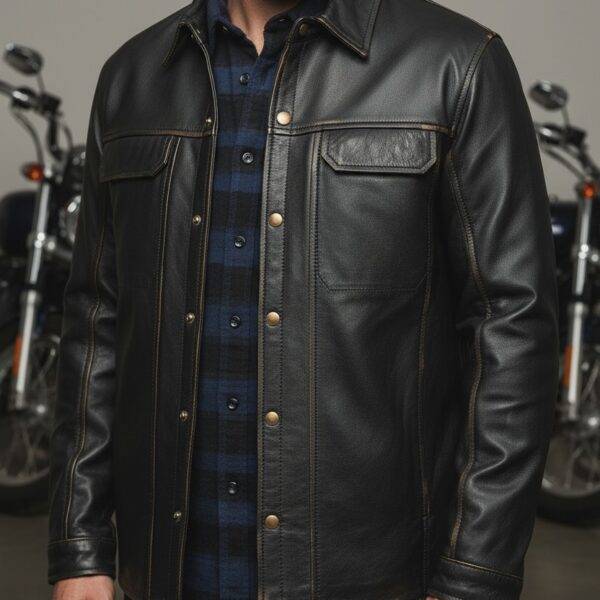 Men's Distressed Brown Finish Leather Shirt Jacket