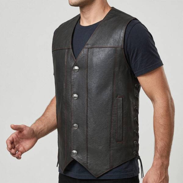 Buffalo Men's Premium Biker Leather Vest in Black with Laces