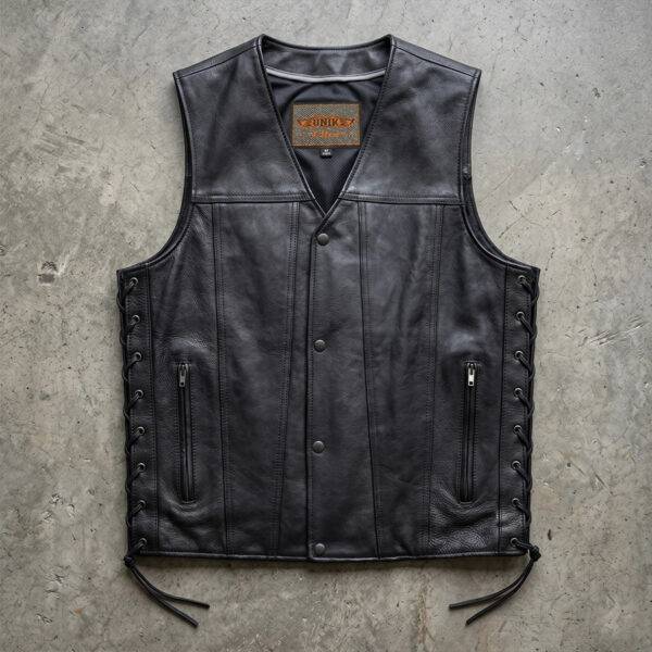 Riffleman Mens' Premium Leather Vest in Black with One Panel Back
