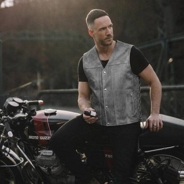 Tombstone Men's Gray Leather Biker Vest