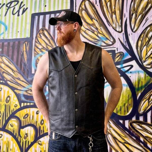 Cattleman Men's Premium Leather Vest in Black with Plain Sides