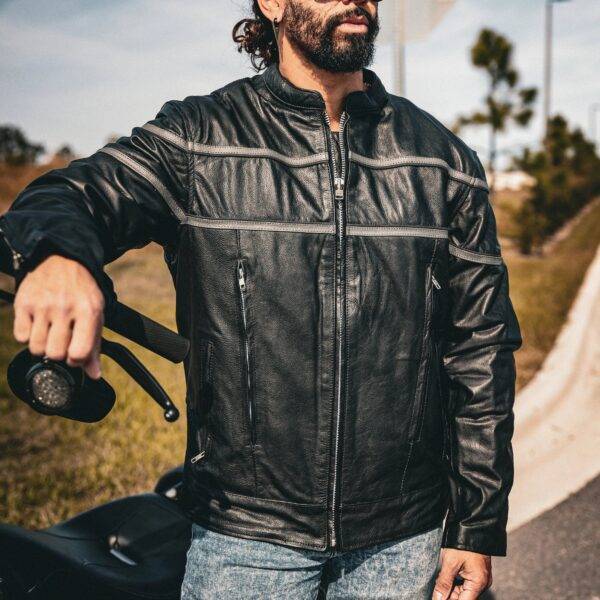 Motorcycle Leather Jacket Men's with reflective Piping