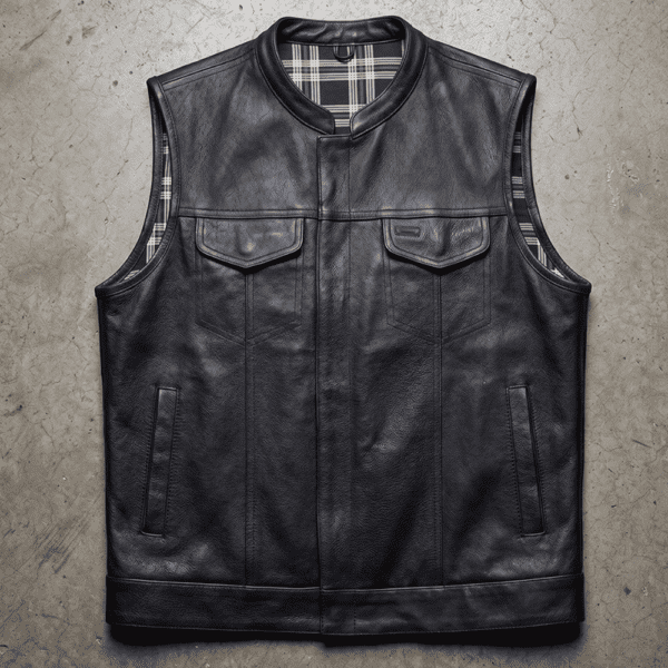 Motorcycle Leather Men's Vest With Black & White Flannel Liner