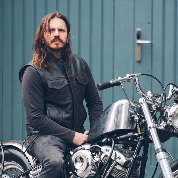 Badlands Leather Men's Vest with Flannel Liner and Red Stitching