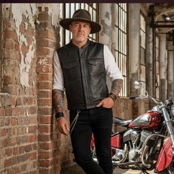 Bandit Motorcycle Leather Men's vest with Red Lining