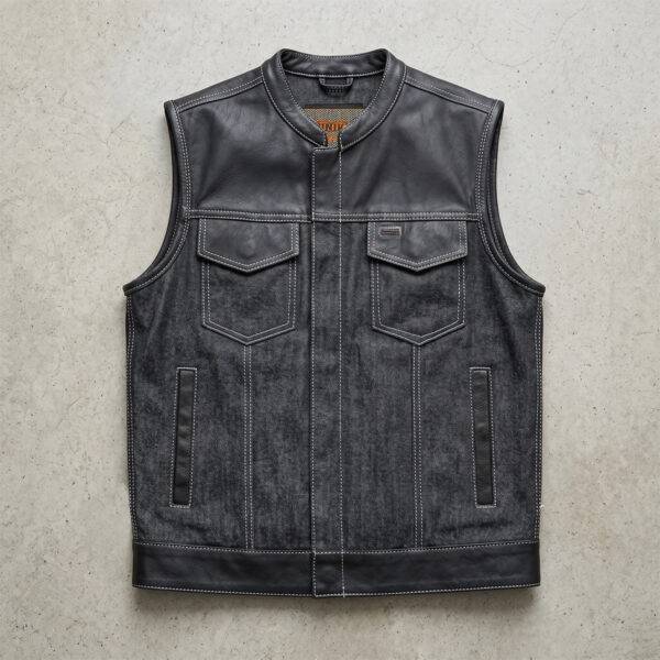 Hybrid Men's SOA Style Motorcycle Club Leather Vest with Denim