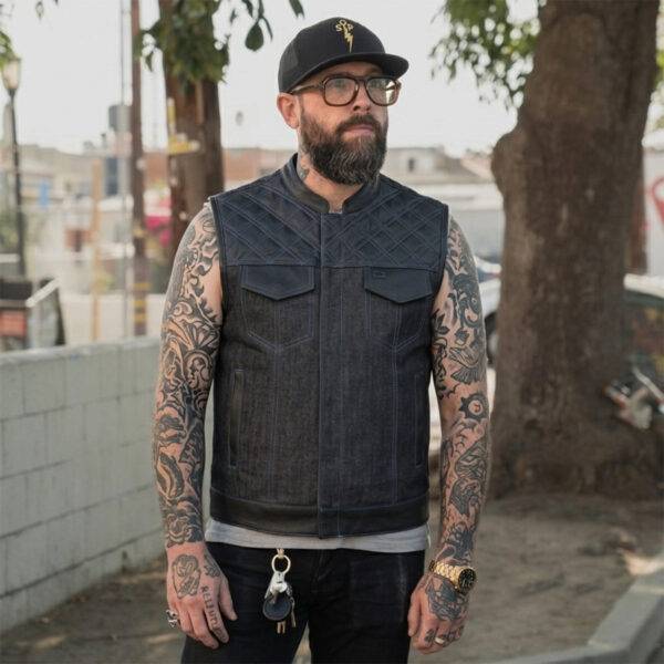 Cobalt Men's Leather and Denim Vest with Blue Stitching