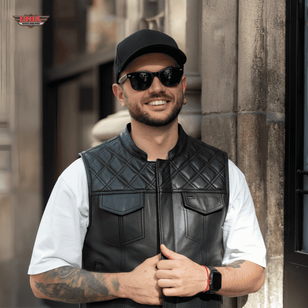 Diamond Lowcut Men's Leather Biker Vest in Black