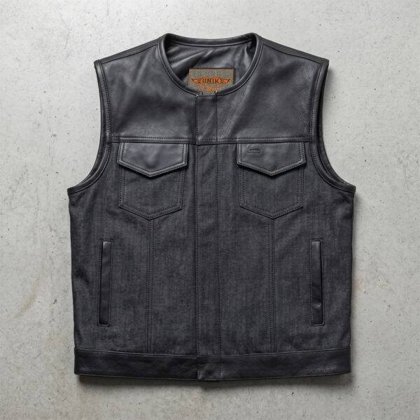 Hybrid Leather and Denim Men's Biker Vest No Collar in Black