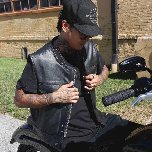 Runner Men's SOA Style Leather Biker Vest with Hand Warmer Pockets