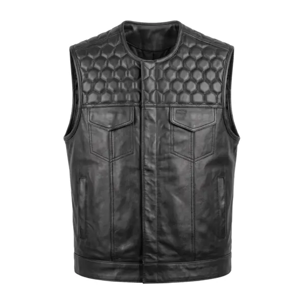 Roadster Men's Leather Biker Vest Honeycomb Stitch with Hand warmer Pockets