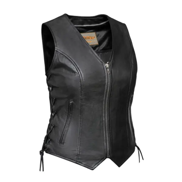 Mae - Ladies Zippered Leather Vest - Black