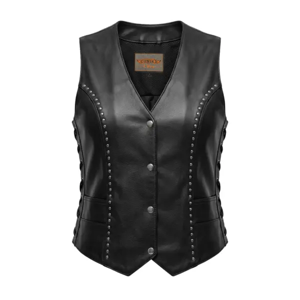 Ladies Premium Studded Leather Vest - Black